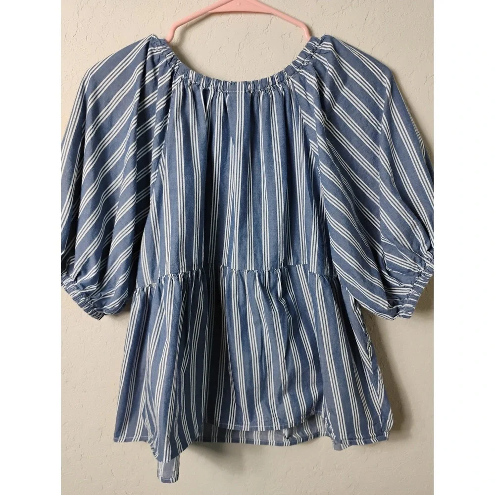 Old Navy Blue‎ White Stripe Off Shoulder Peplum Top Puff Sleeve Size L